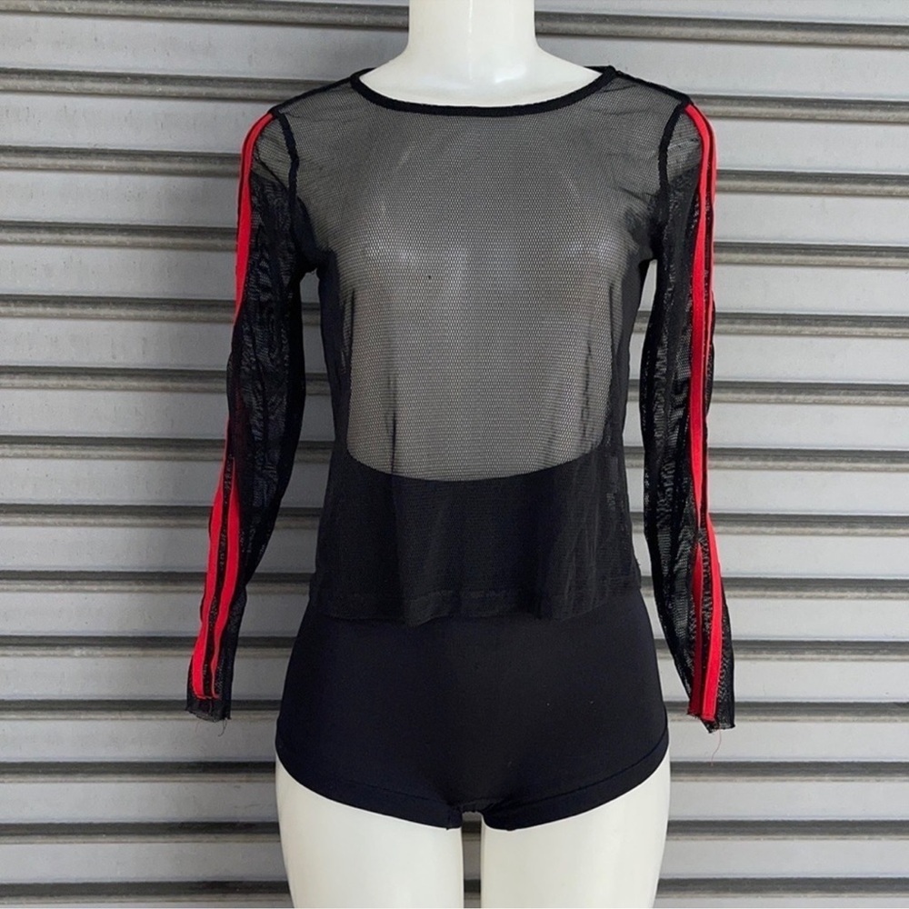 SHEIN Black Mesh Top Red Long Sleeve Stripes Size S